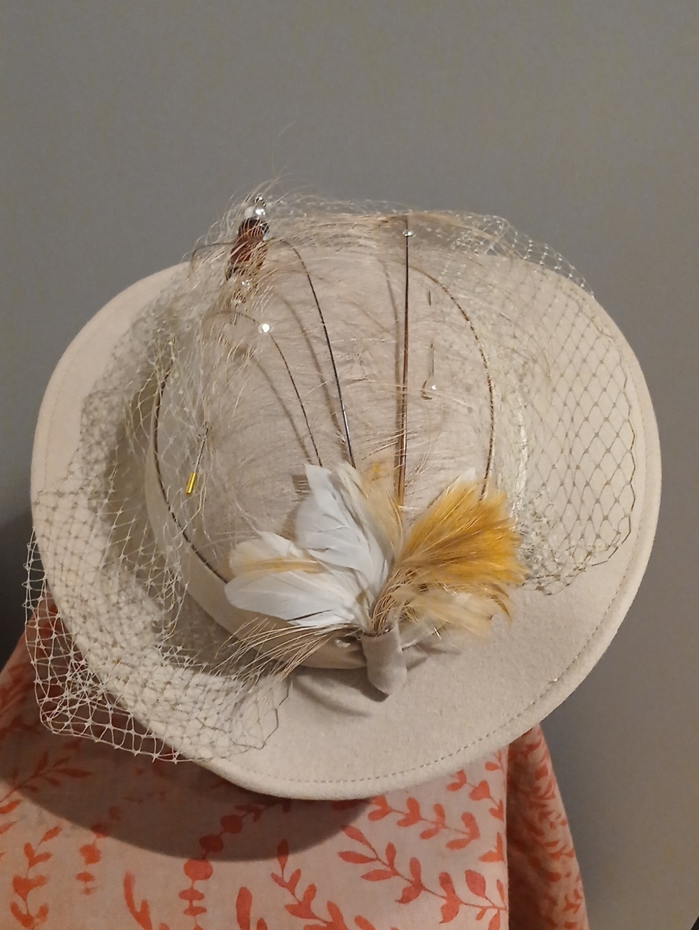 Vintage Sylvia New York Sunday Church Hat with Netting and Feather Detail